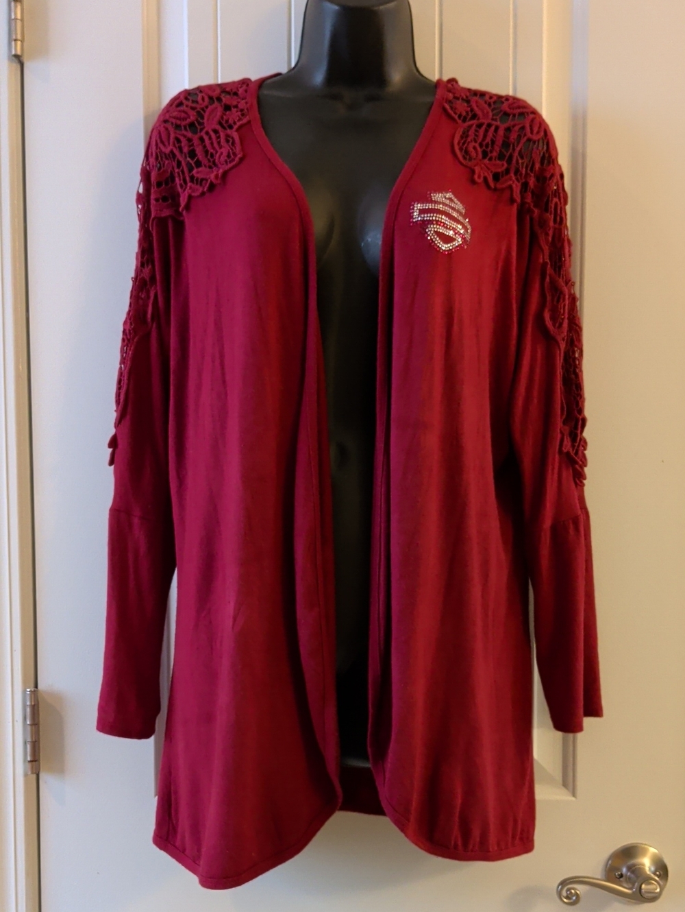 Harley Davidson Y2K Rhinestone Eagle Lightweight Wine Lace Cardigan S/M Roses